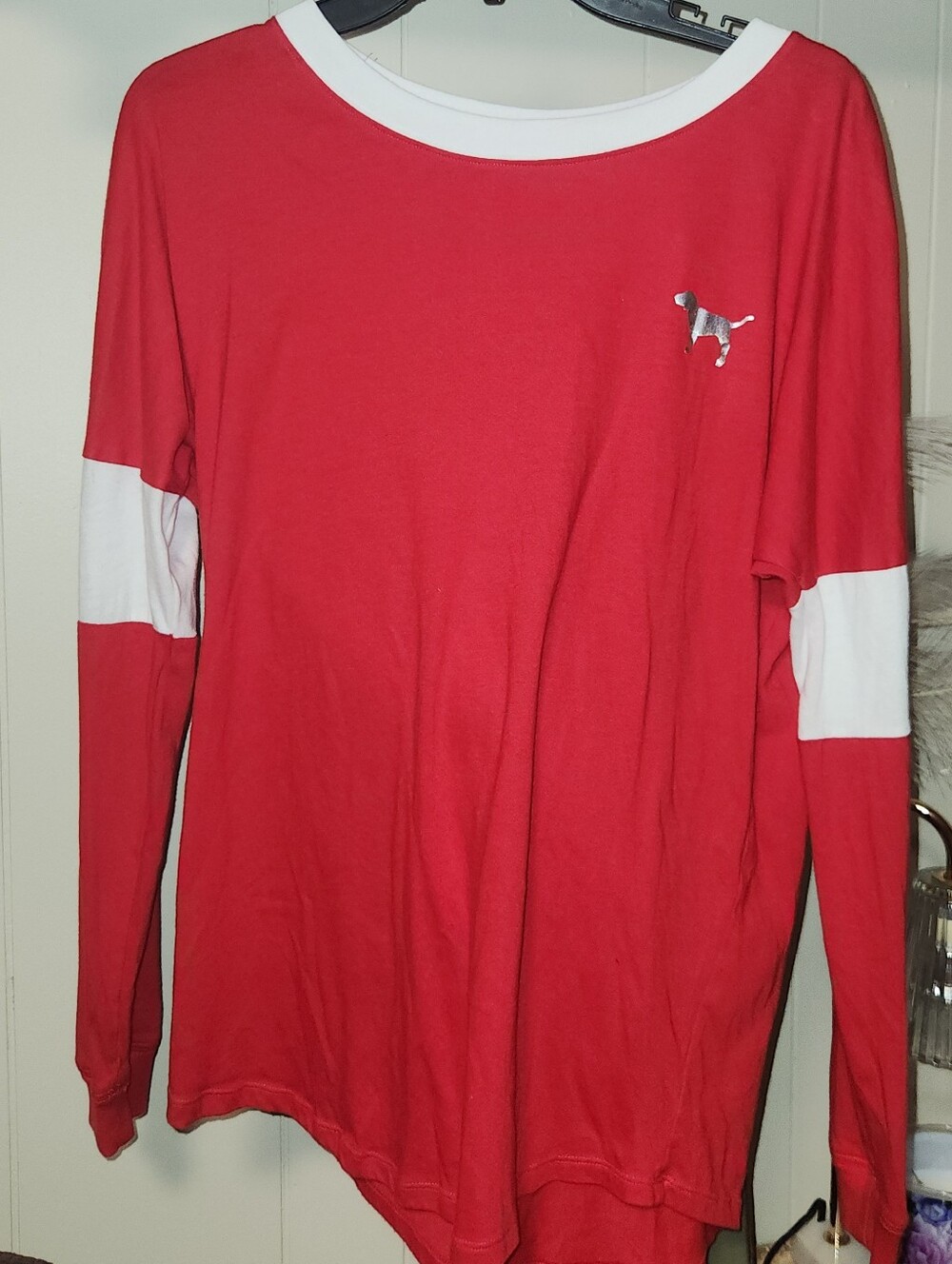 Victoria's Secret Red Long-Sleeve Colorblock Tee with White Accents